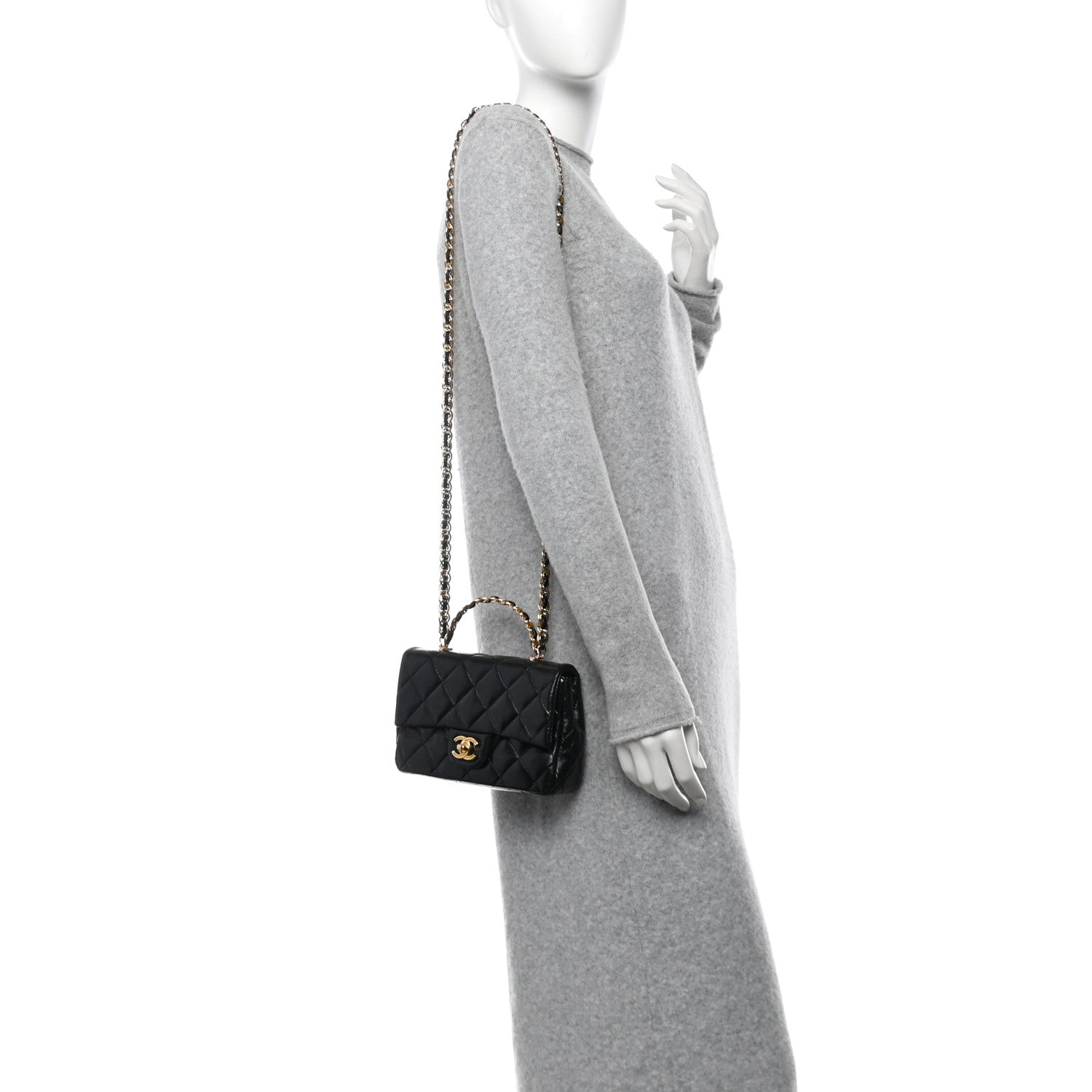 Shiny Lambskin Quilted Golden Links Top Handle Flap Black