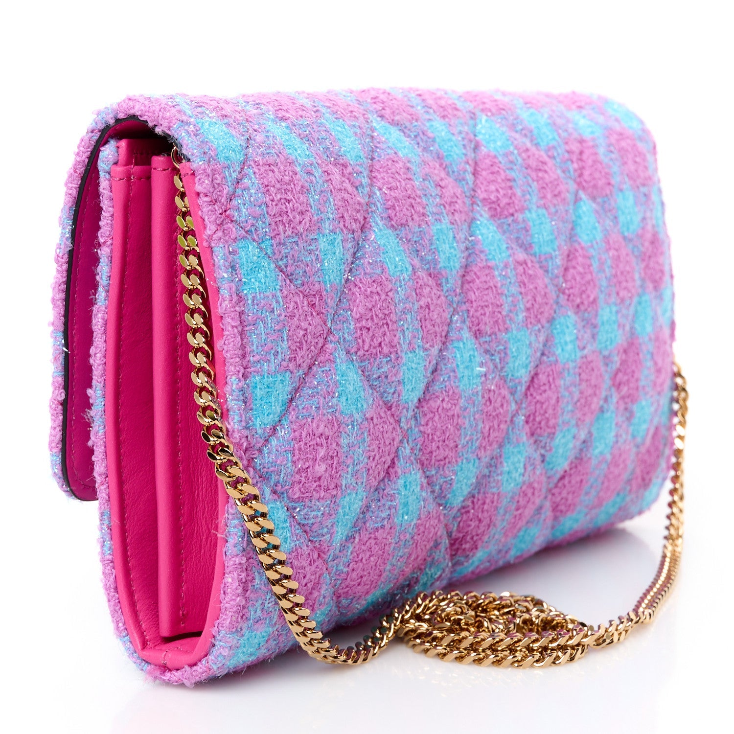 Tweed Quilted Medusa Wallet on Chain Crossbody Pink Blue