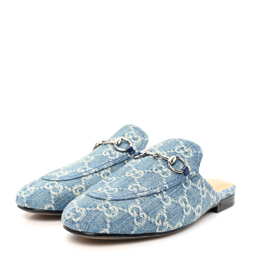 New Denim GG Malaga Kid Womens Princetown Slippers 36.5 Light Blue Royale
