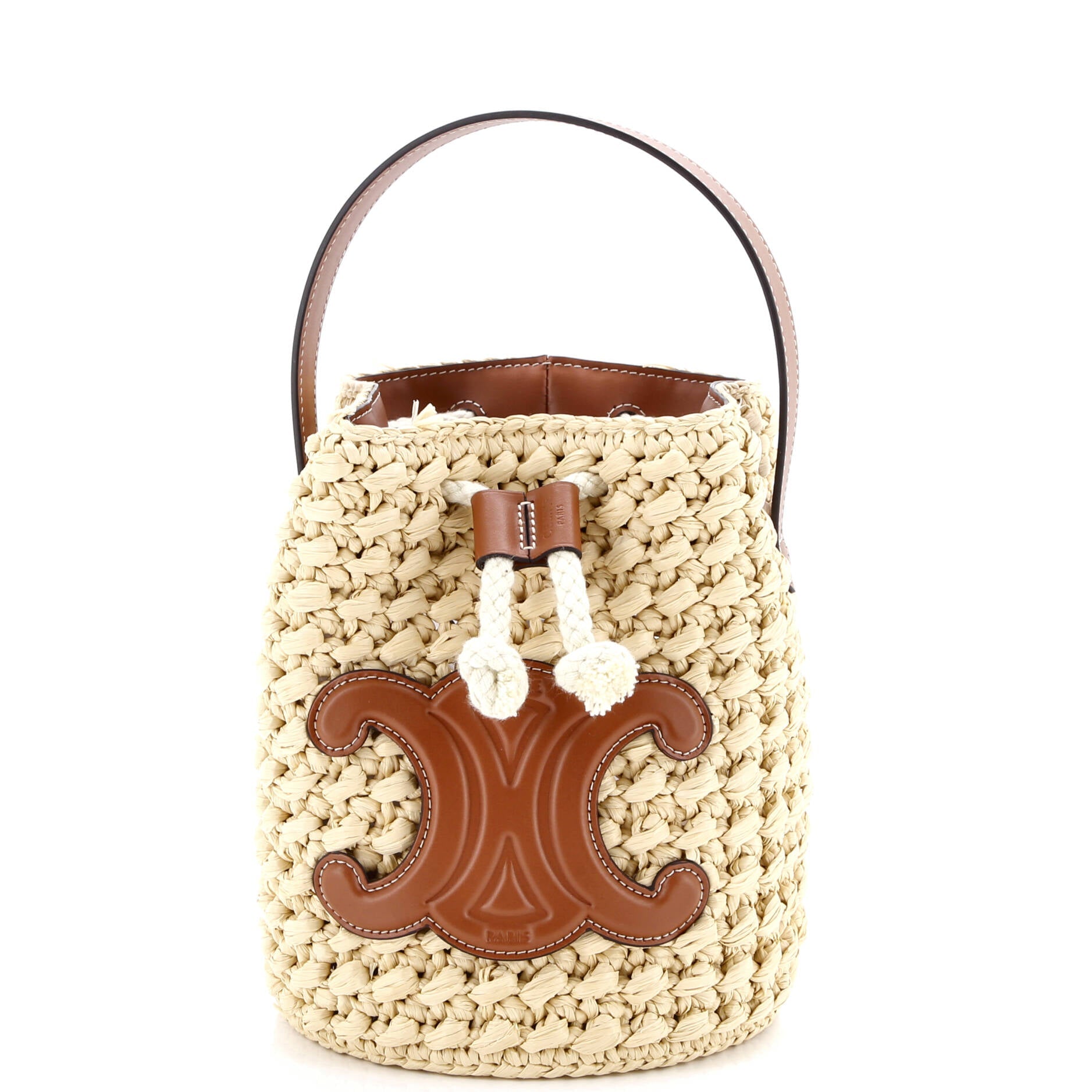 Triomphe Drawstring Bucket Bag Raffia with Leather Teen