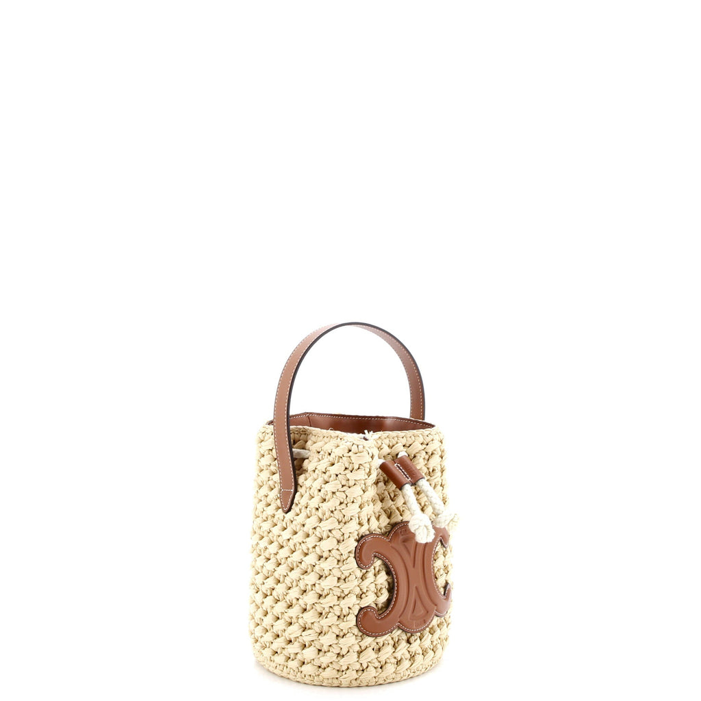 Triomphe Drawstring Bucket Bag Raffia with Leather Teen
