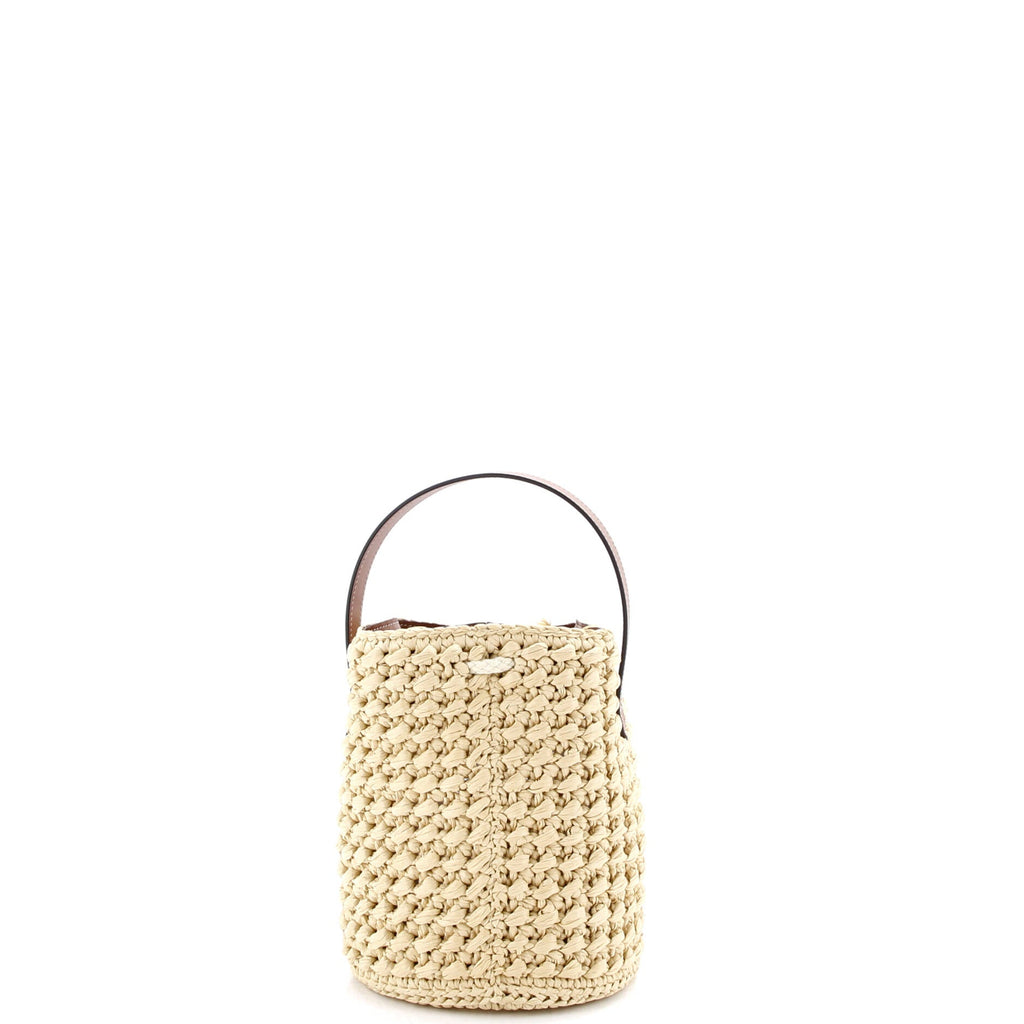 Triomphe Drawstring Bucket Bag Raffia with Leather Teen
