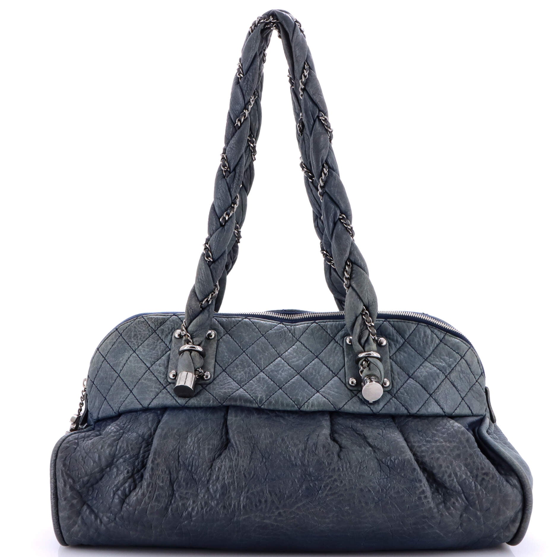 Lady Braid Zip Shoulder Bag Quilted Distressed Lambskin Large