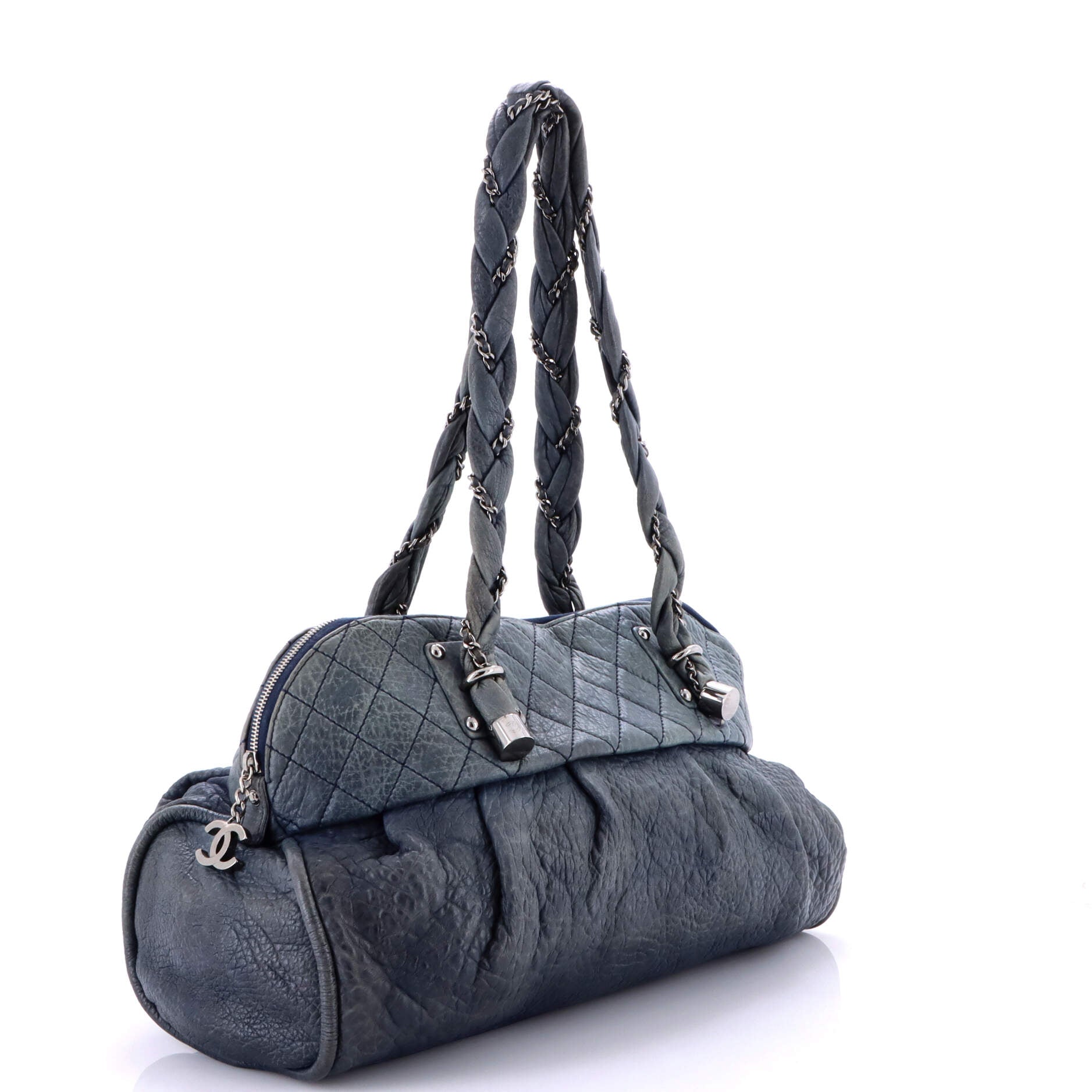 Lady Braid Zip Shoulder Bag Quilted Distressed Lambskin Large