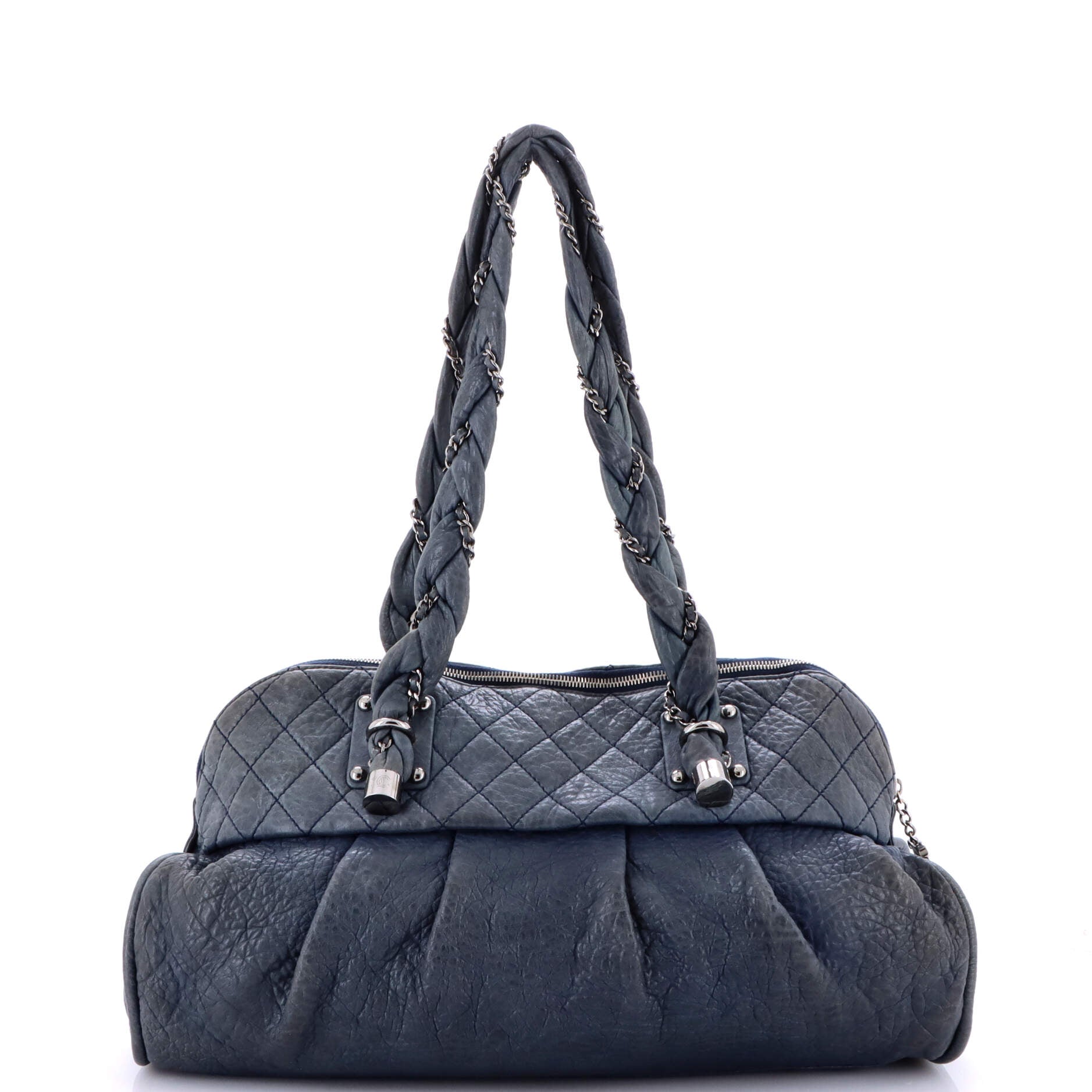 Lady Braid Zip Shoulder Bag Quilted Distressed Lambskin Large