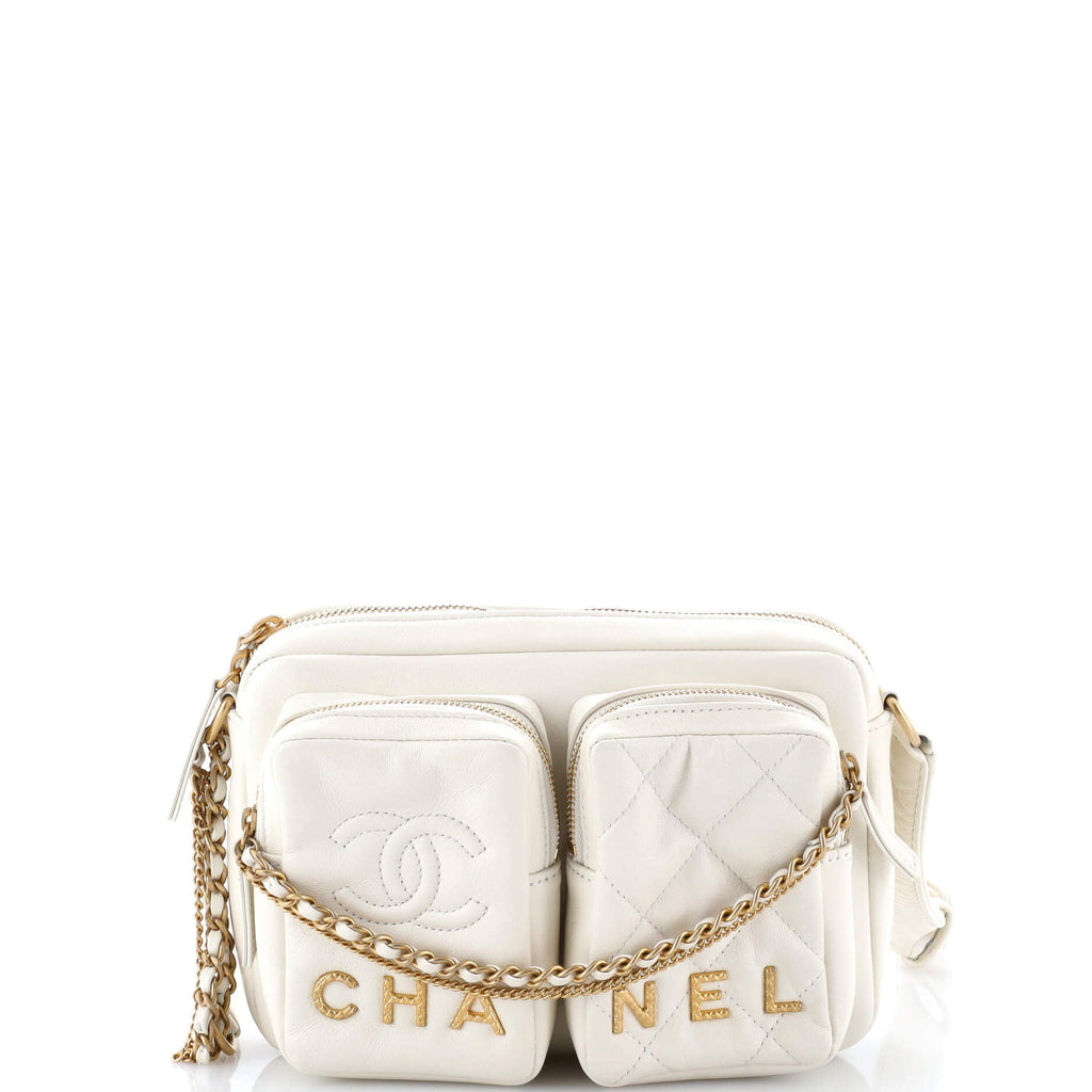 Logo Twin Pockets Chain Camera Case Quilted Calfskin Small