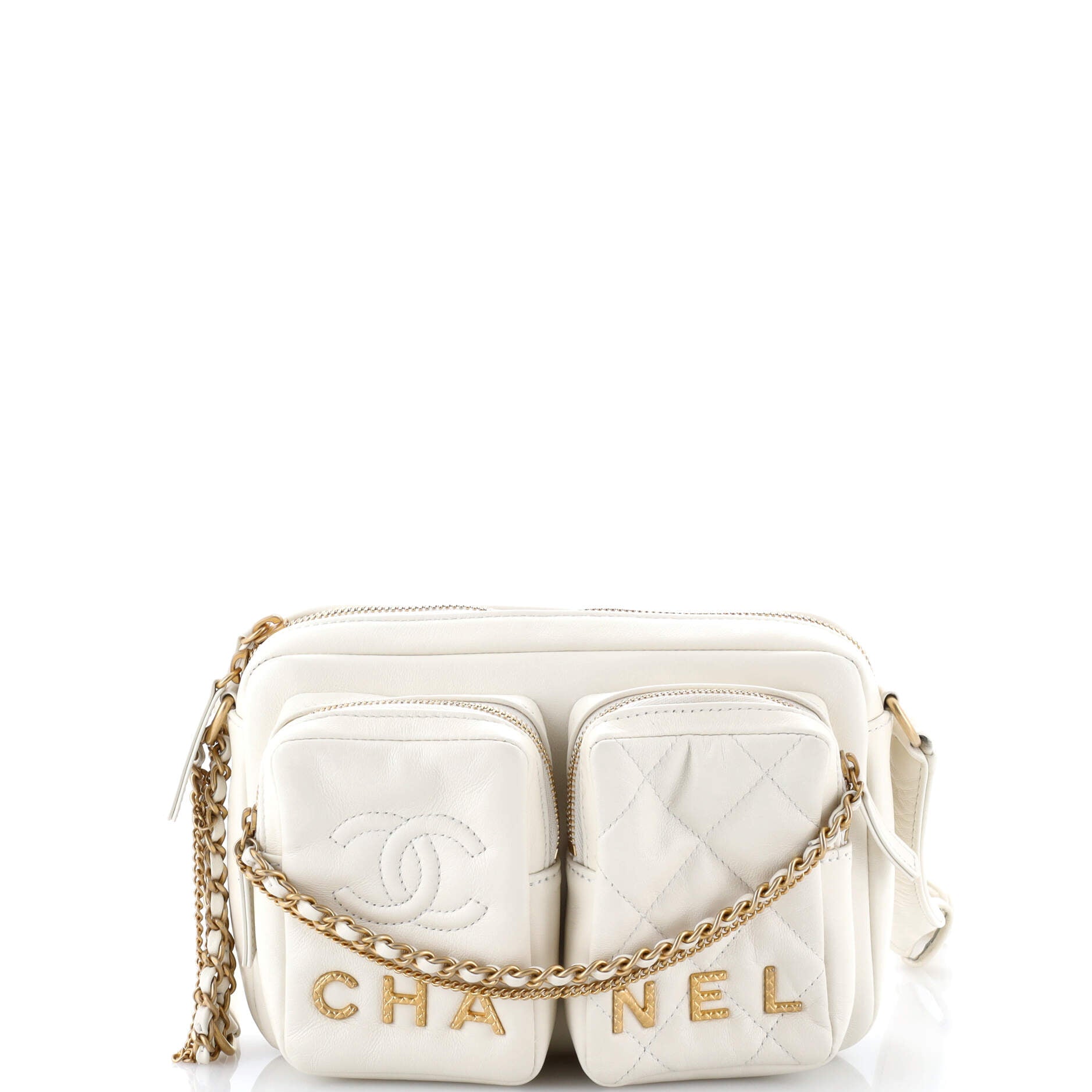 Logo Twin Pockets Chain Camera Case Quilted Calfskin Small