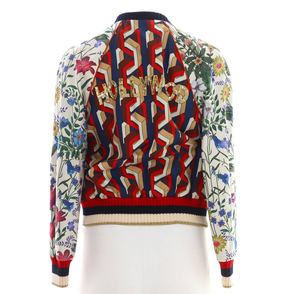 Women's Hollywood Bomber Jacket Embroidered Printed Silk
