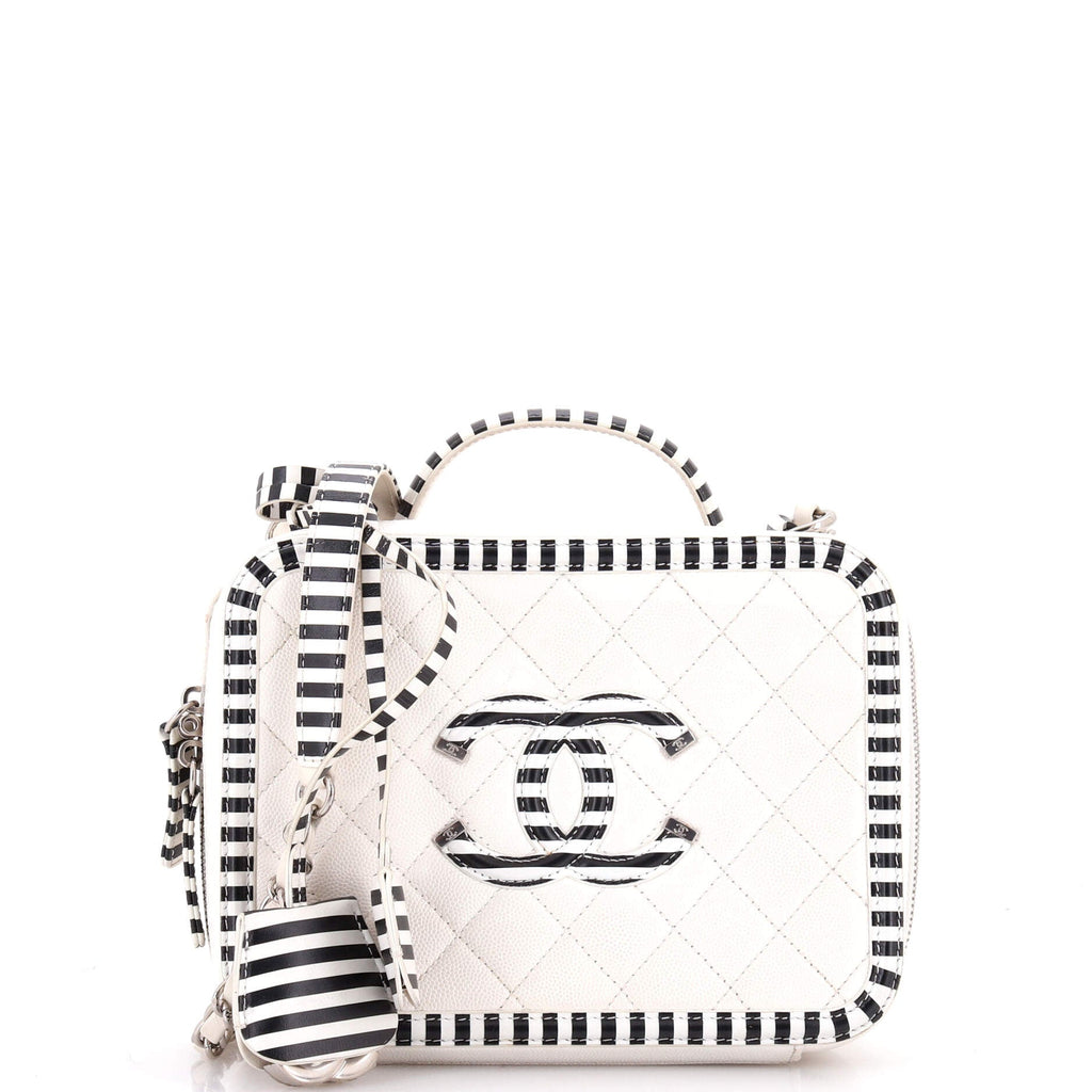 Filigree Vanity Case Quilted Caviar with Striped Leather Medium