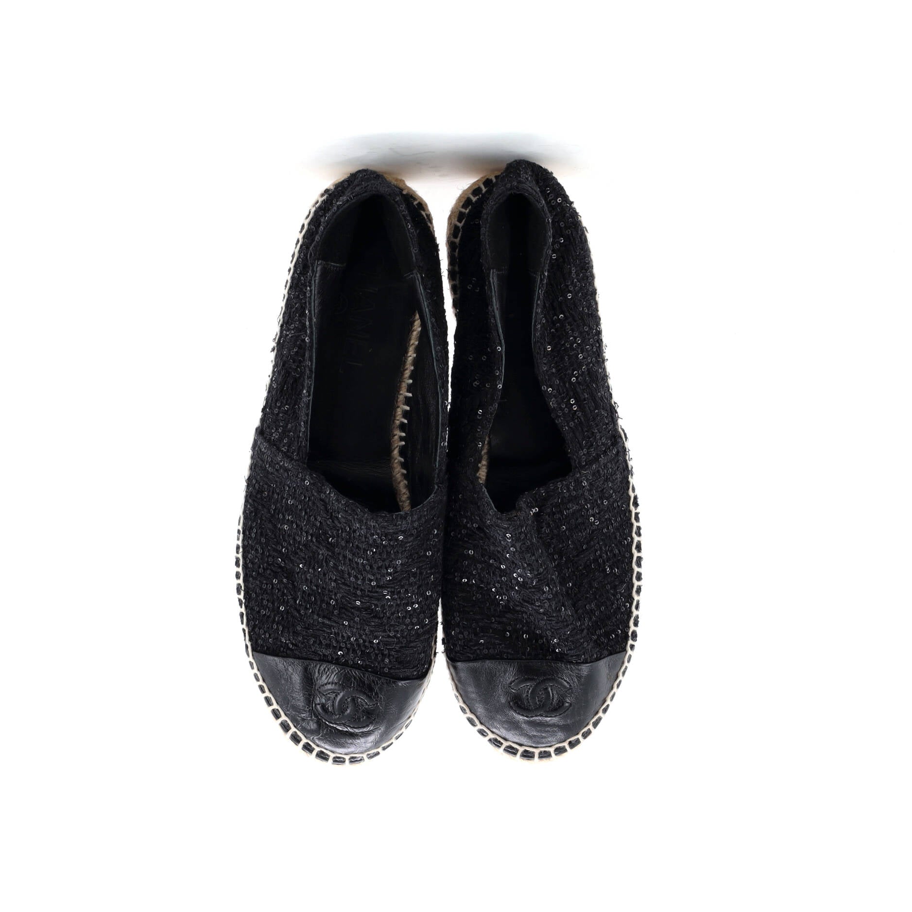 Women's CC Cap Toe Espadrilles Sequin Embellished Tweed with Leather