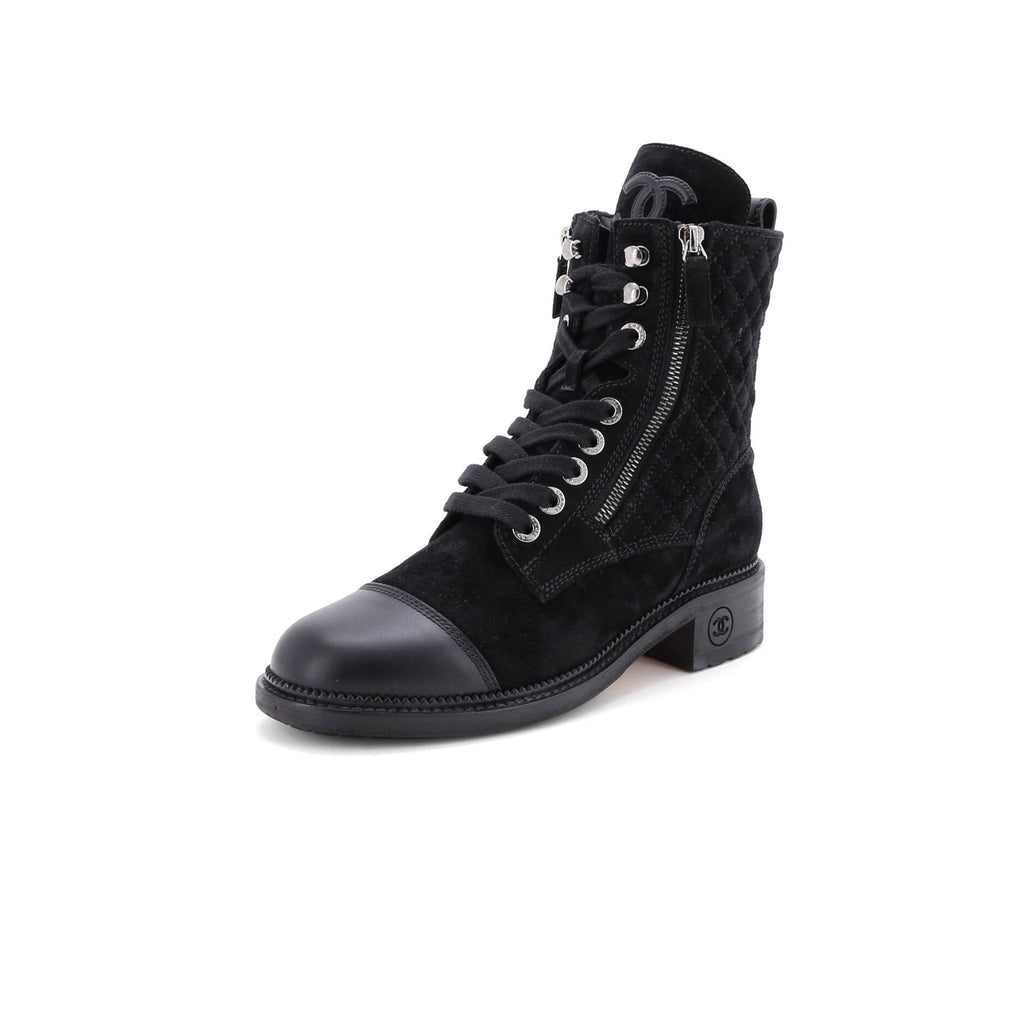 Women's CC Cap Toe Combat Boots Quilted Suede with Leather