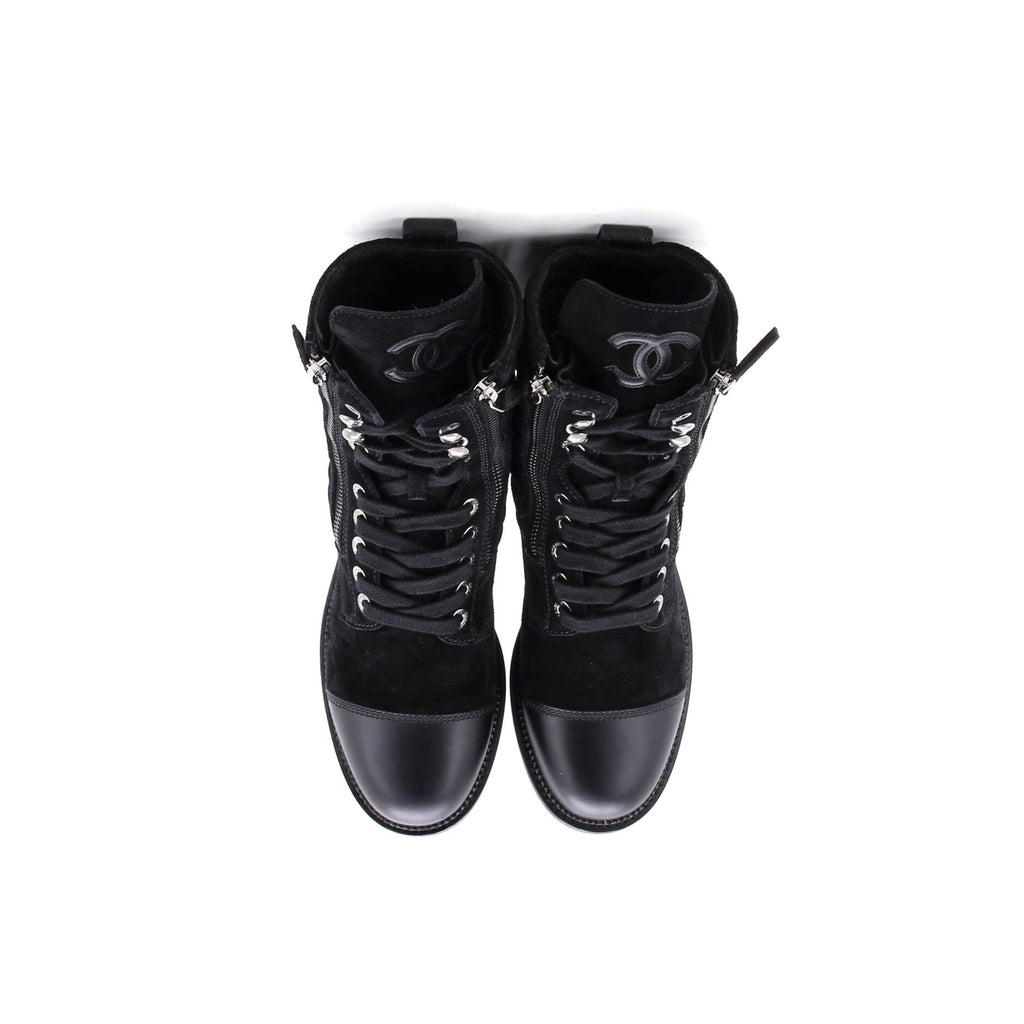 Women's CC Cap Toe Combat Boots Quilted Suede with Leather