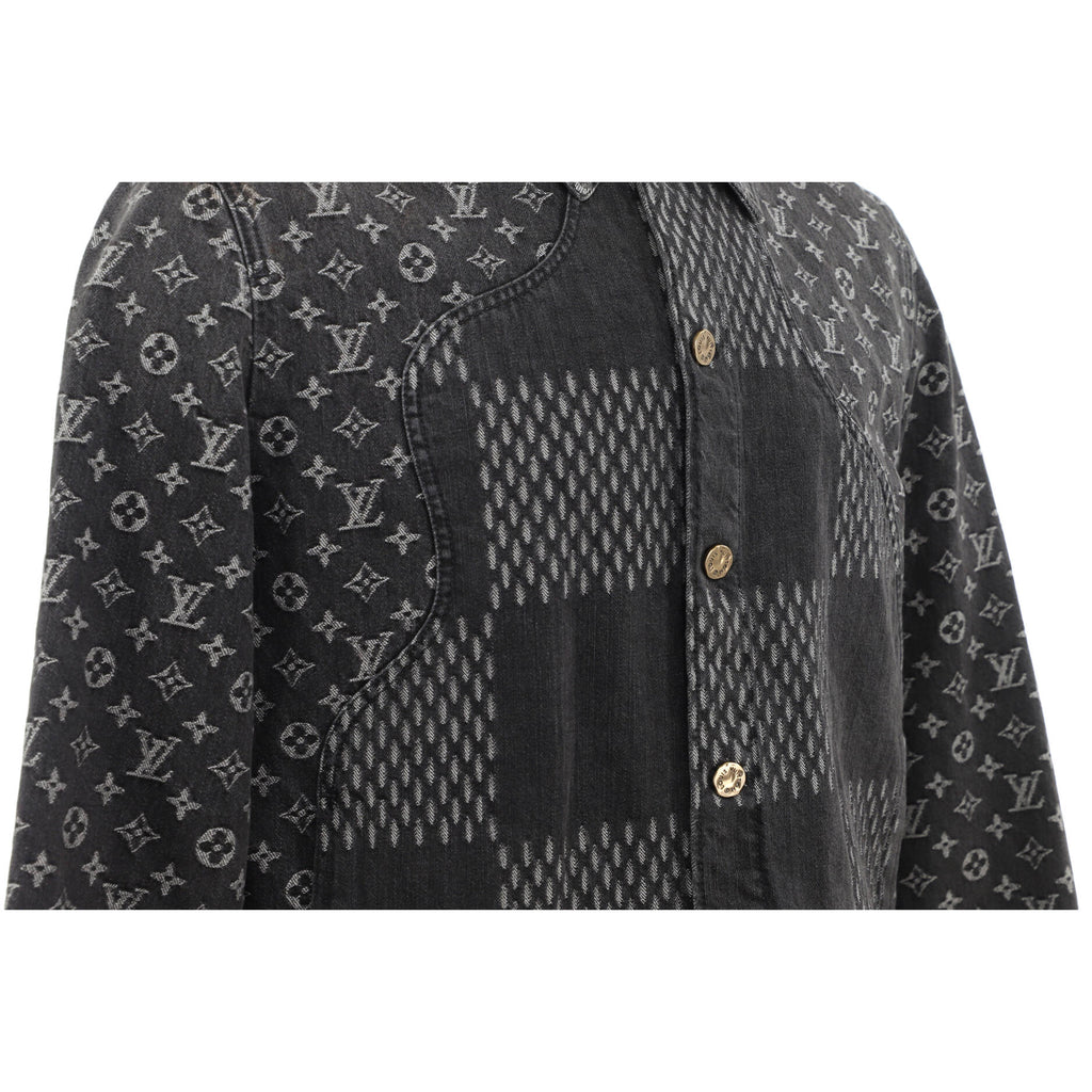 Men's Nigo Button Up Jacket Giant Damier Waves Monogram Denim