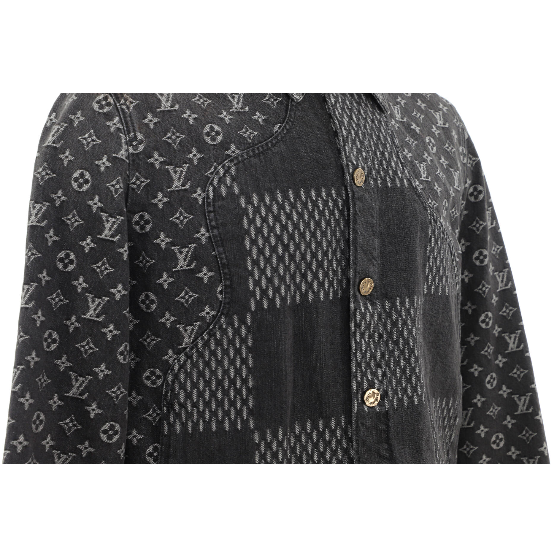 Men's Nigo Button Up Jacket Giant Damier Waves Monogram Denim