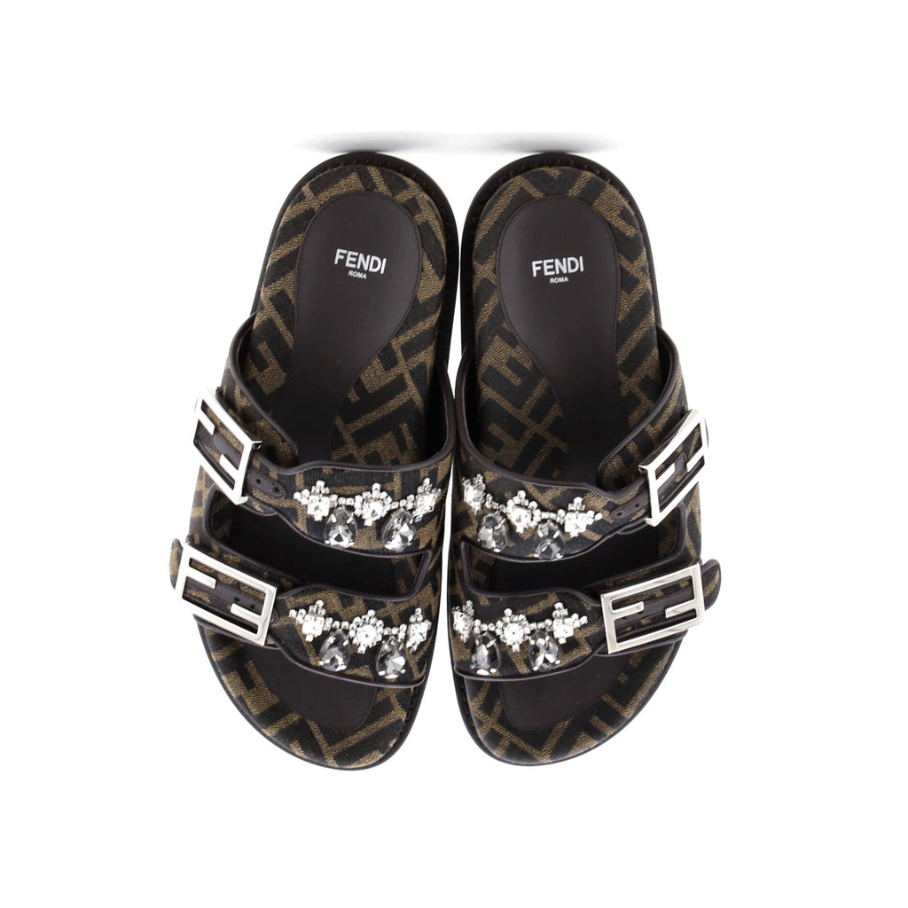 Women's Feel Slide Sandals FF Jacquard Fabric with Crystals
