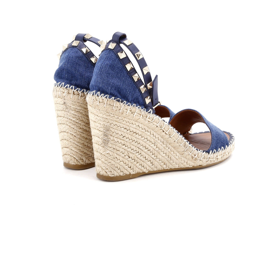 Women's Rockstud Ankle Strap Double Wedge Sandals Denim