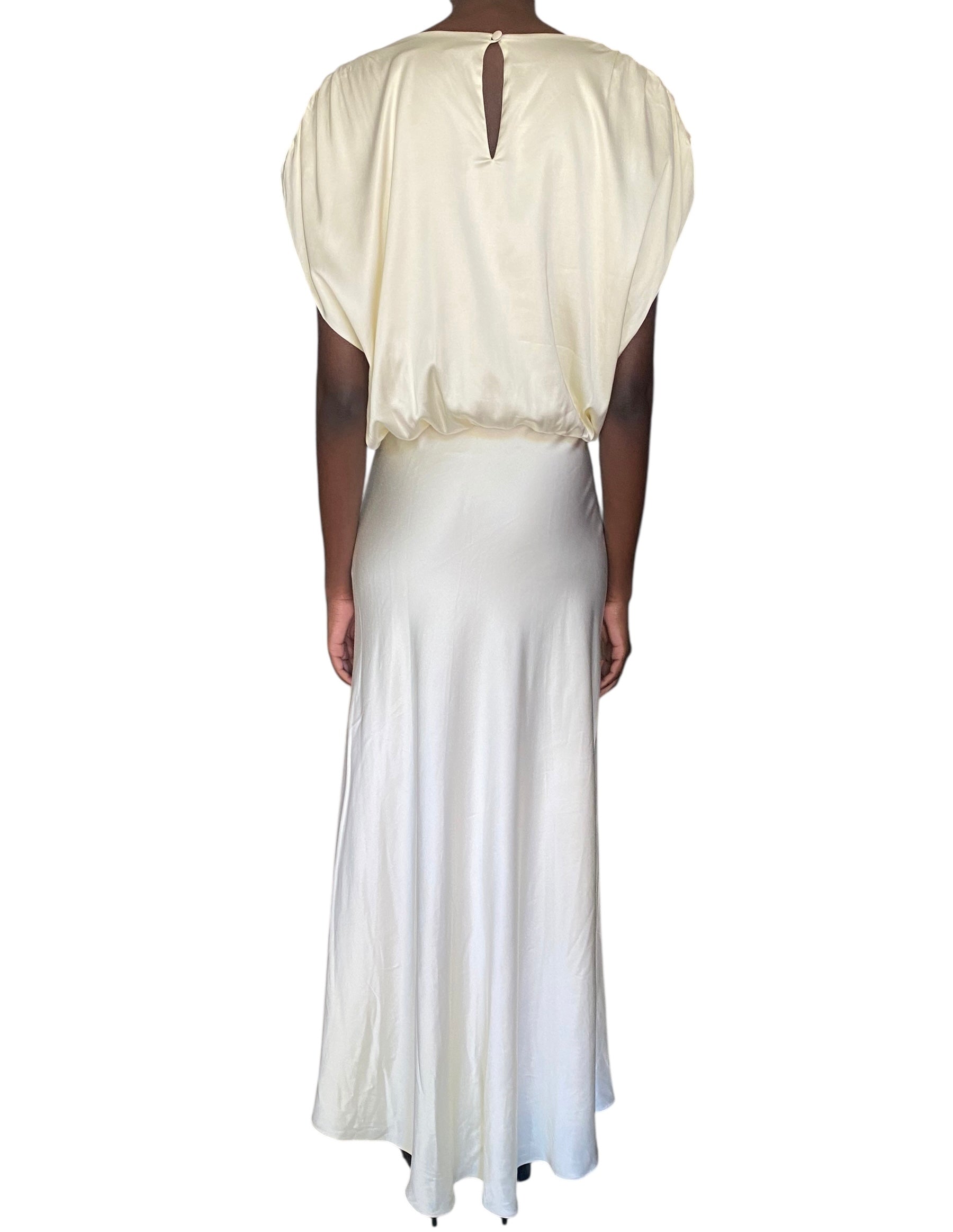 Moré Noir Ivory Victoria Satin Power Shoulder Maxi Gown - M