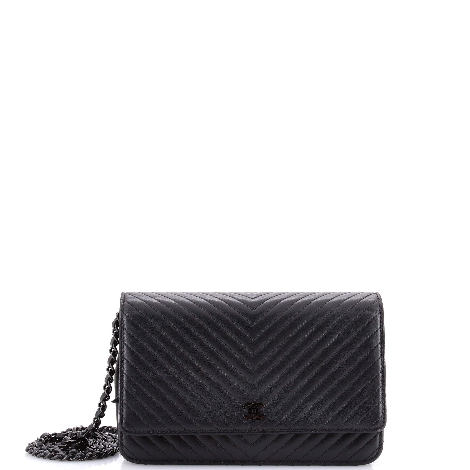 So Black Wallet on Chain Chevron Lambskin