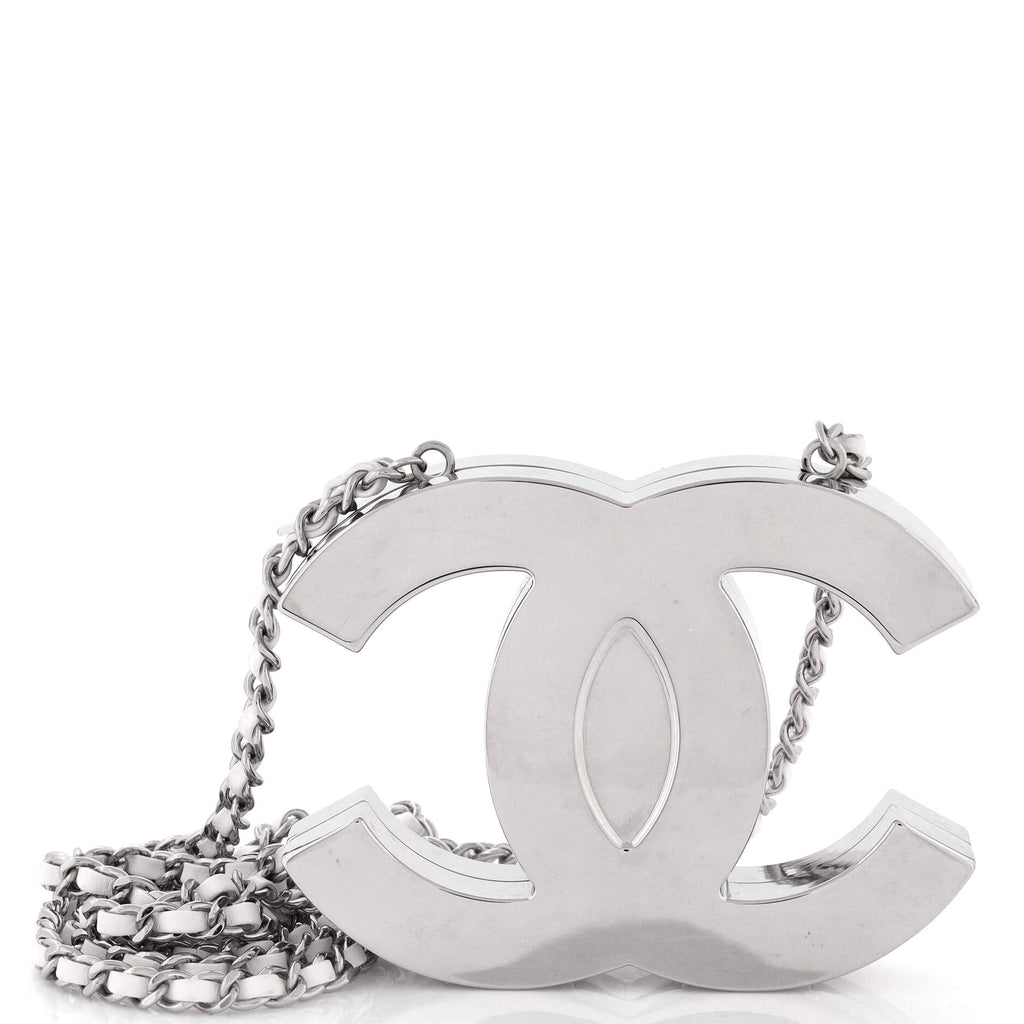 CC Minaudiere Long Chain Pendant Necklace Metal with Leather
