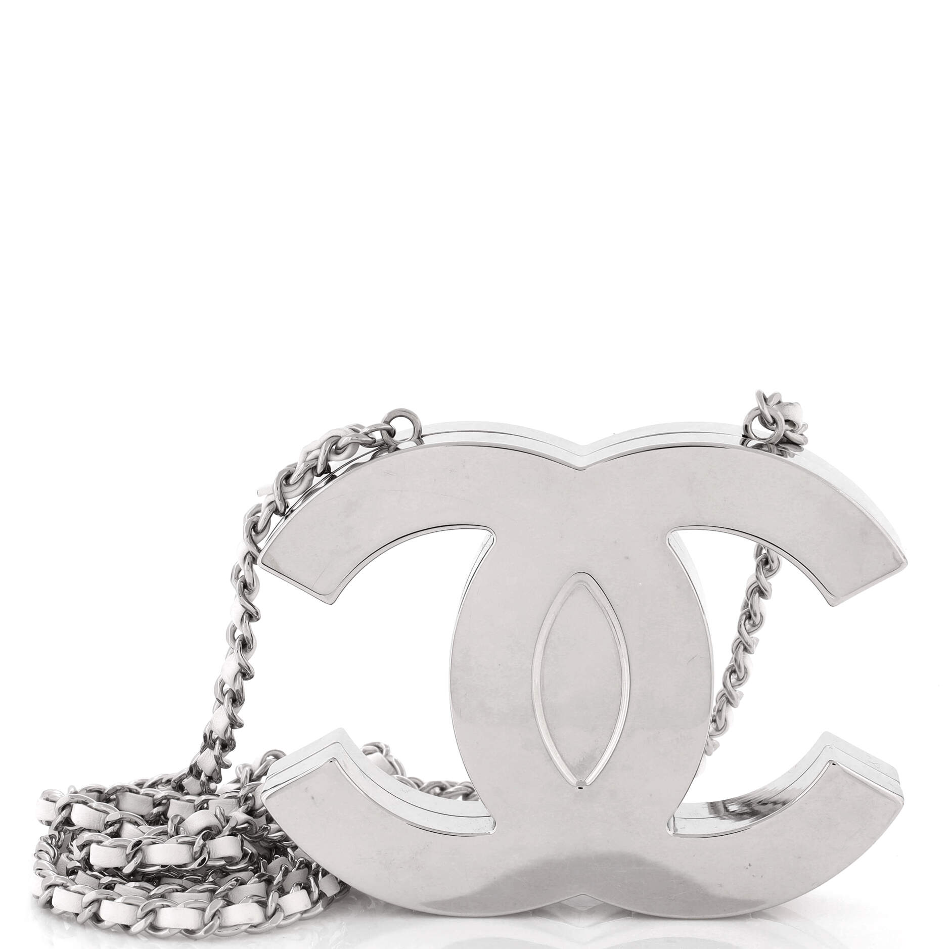 CC Minaudiere Long Chain Pendant Necklace Metal with Leather