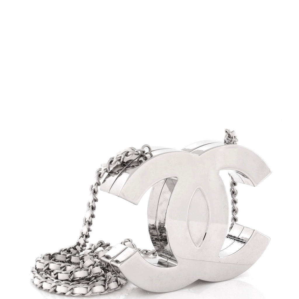CC Minaudiere Long Chain Pendant Necklace Metal with Leather