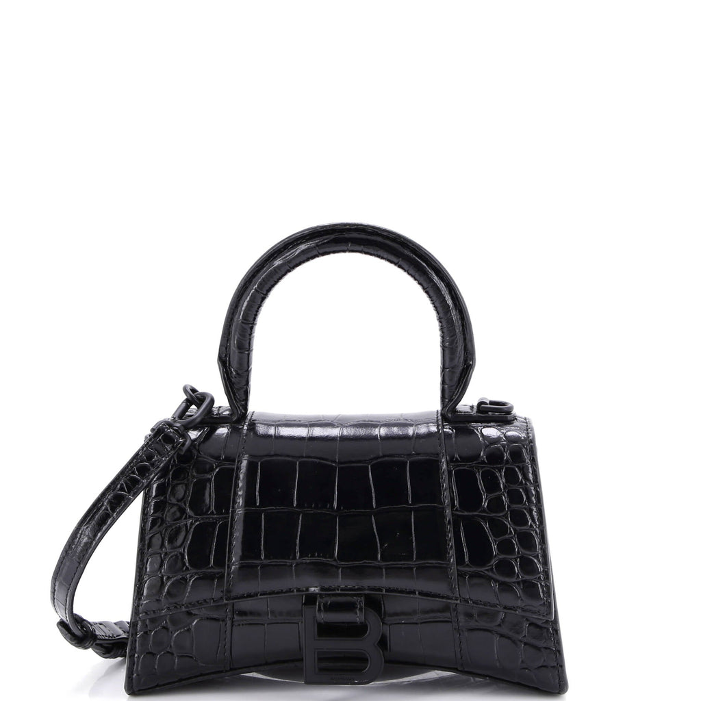 Hourglass Top Handle Bag Crocodile Embossed Leather XS