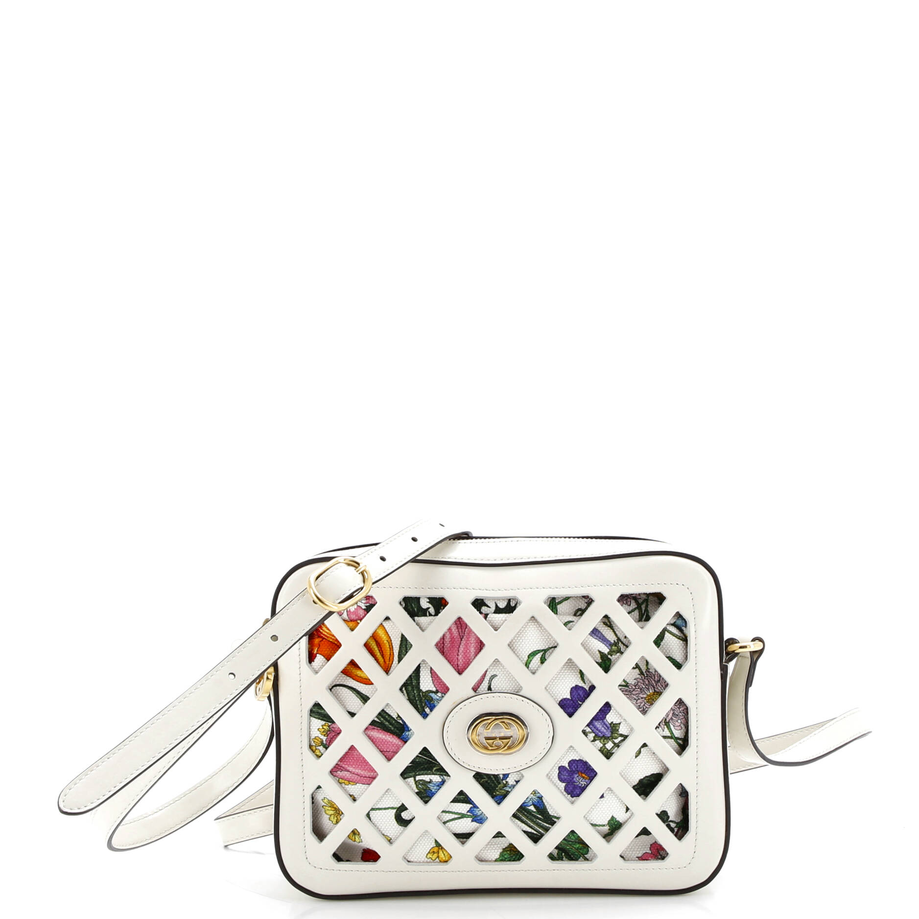 Camera Crossbody Bag Cutout Leather with Flora Canvas Small