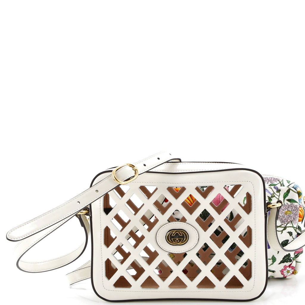 Camera Crossbody Bag Cutout Leather with Flora Canvas Small