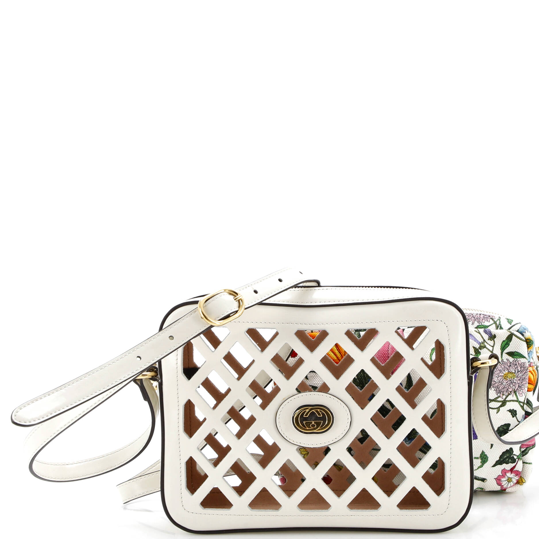 Camera Crossbody Bag Cutout Leather with Flora Canvas Small