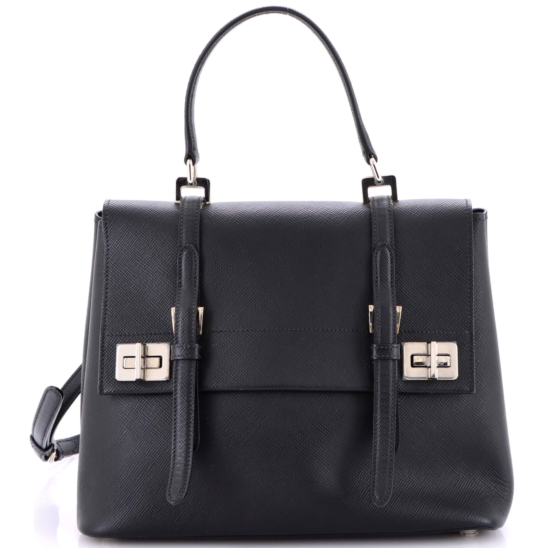 Half Flap Double Turn Lock Satchel Saffiano Leather Medium
