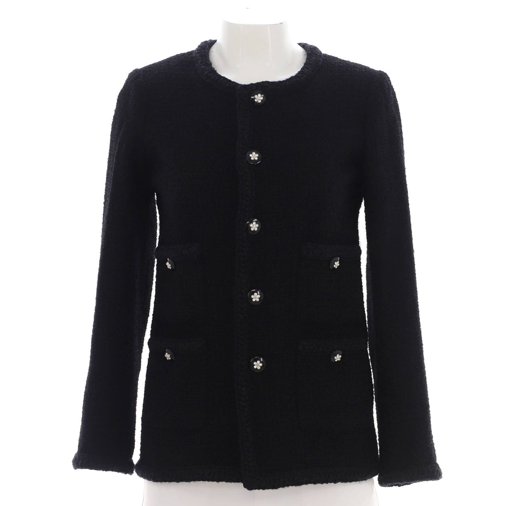 Women's Four Pocket Long Collarless Coat Crochet Tweed