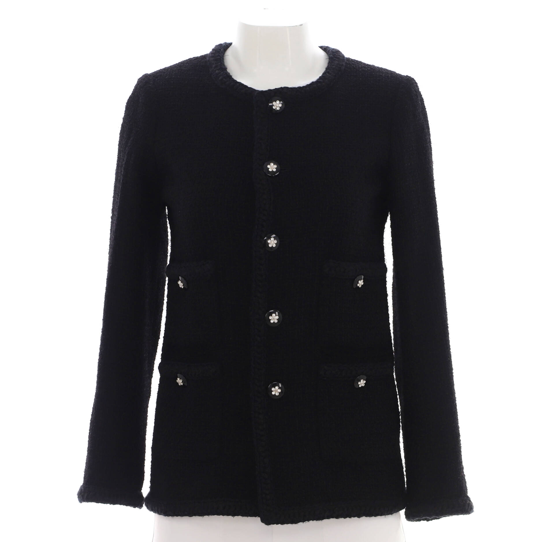 Women's Four Pocket Long Collarless Coat Crochet Tweed