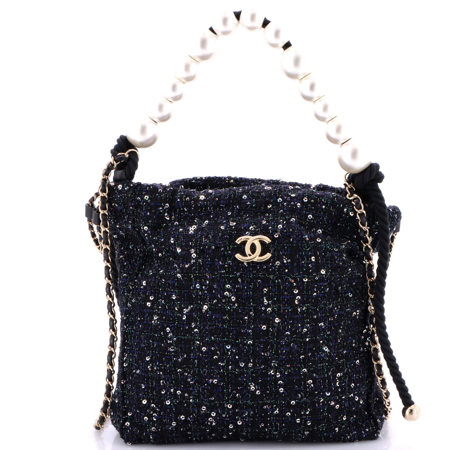 Pearl Drawstring Bag Sequin Embellished Tweed