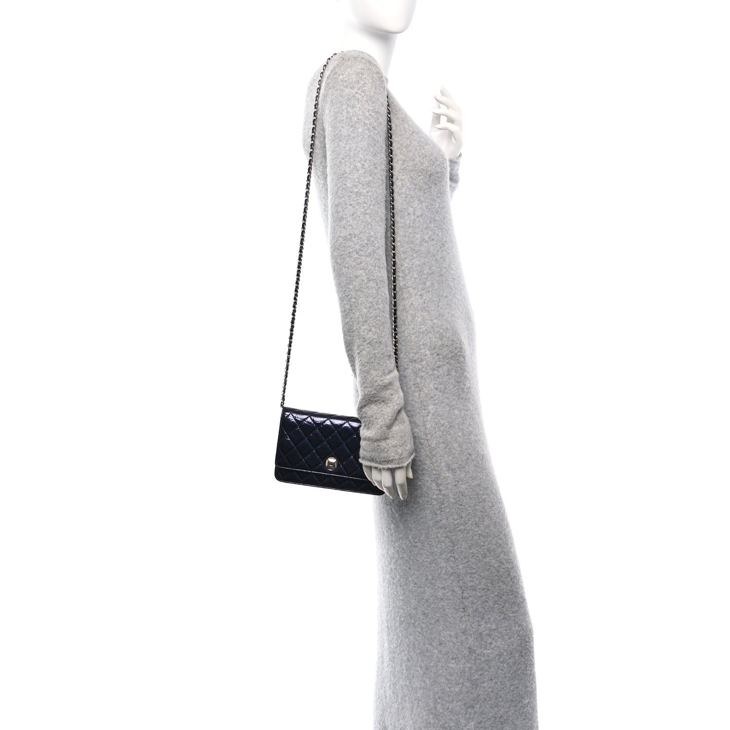 Patent Metallic Crumpled Calfskin Quilted Wallet On Chain WOC Navy