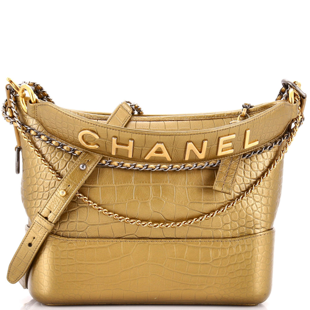 Gabrielle Hobo with Logo Handle Crocodile Embossed Calfskin Medium