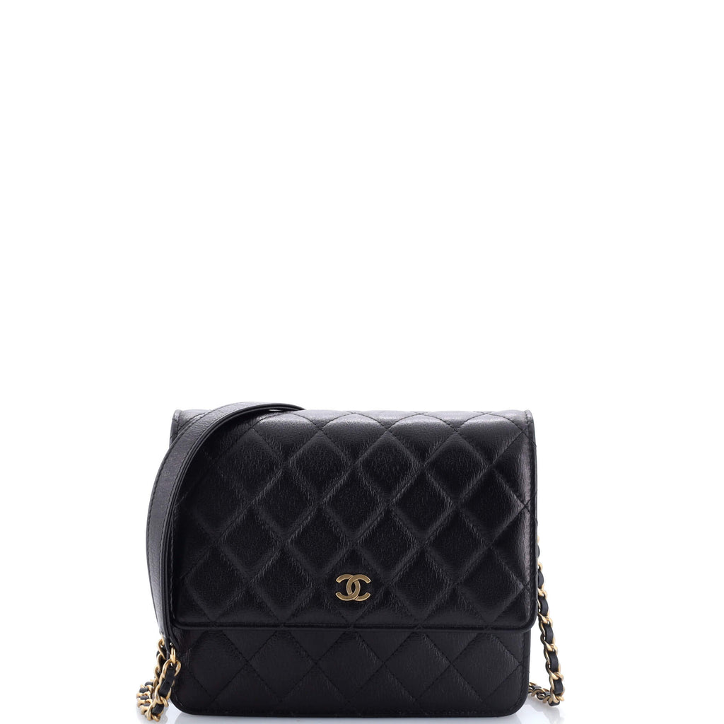 Square Wallet on Chain Quilted Letter Embossed Calfskin