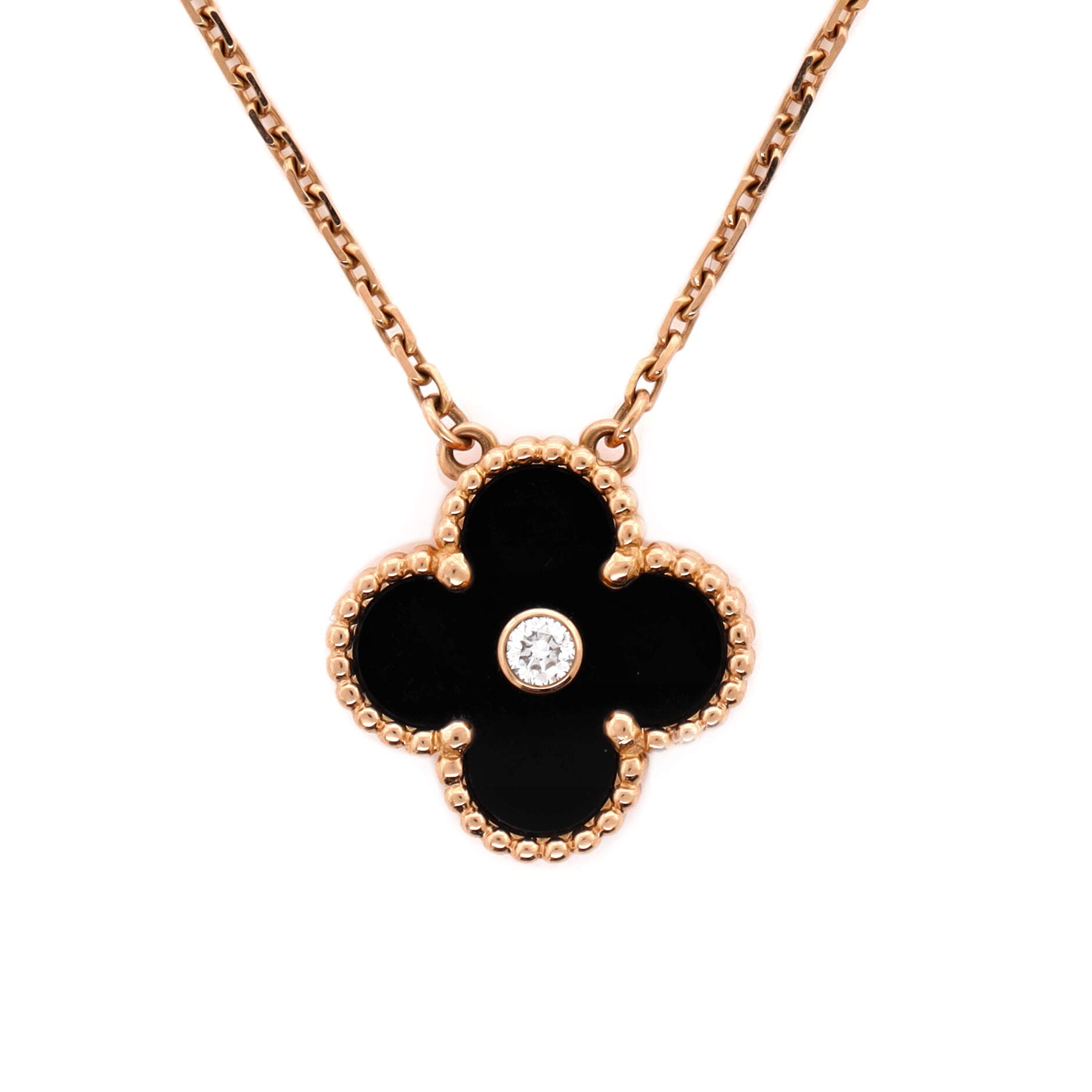 Vintage Alhambra Pendant Necklace 18K Rose Gold and Onyx with Diamond
