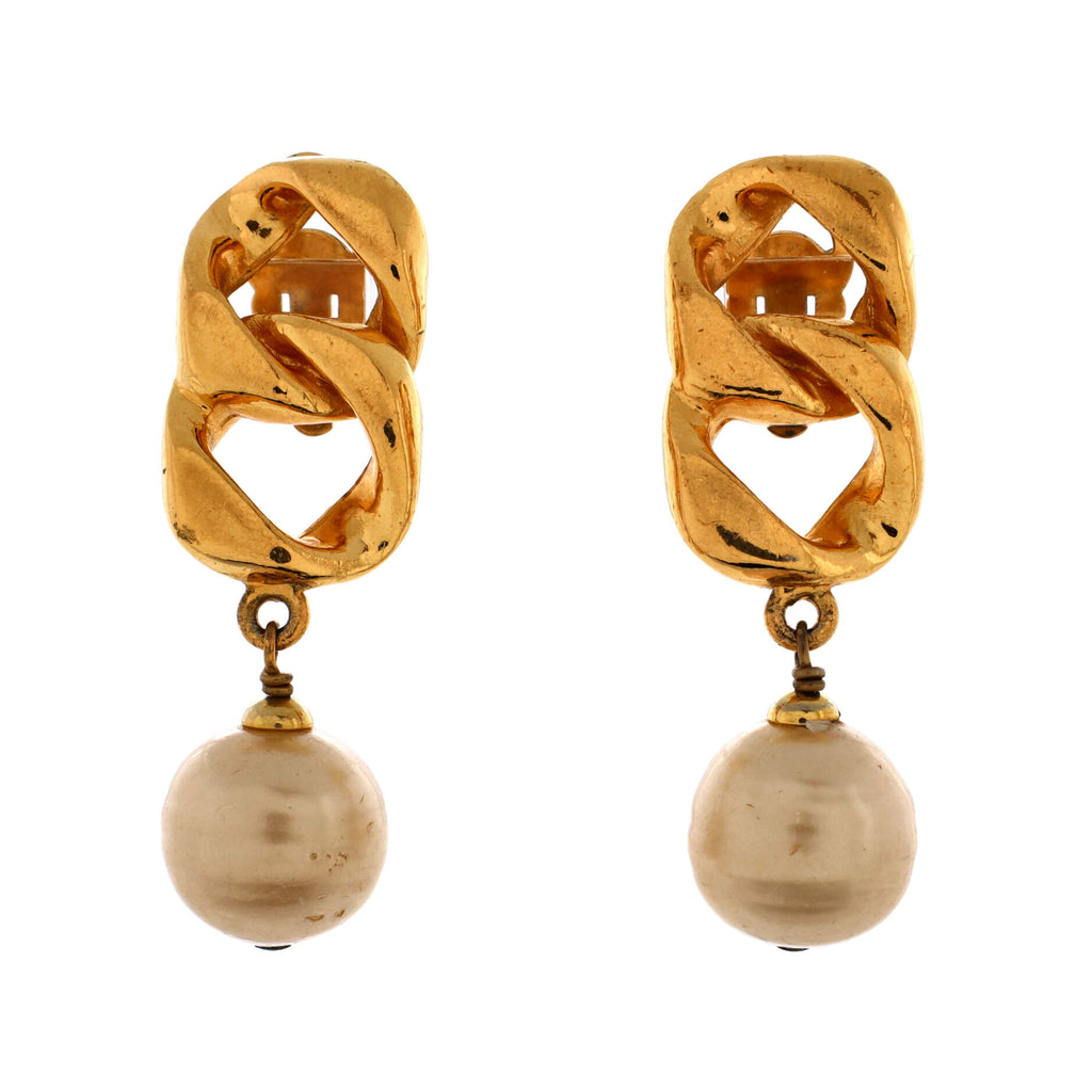 Chain Dangle Clip-On Earrings Metal with Faux Pearls