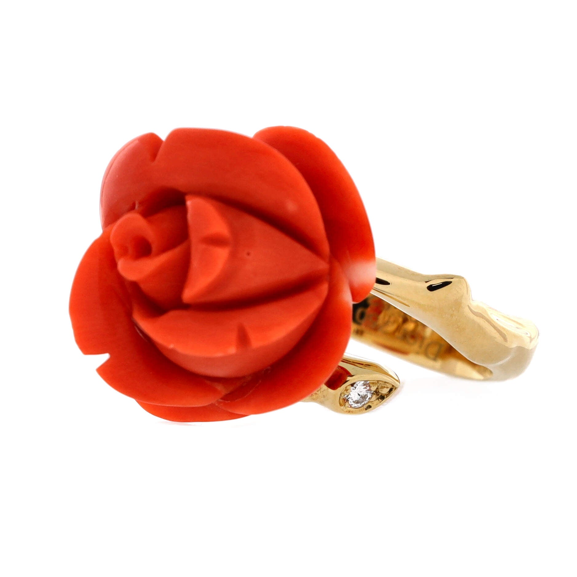 Rose Dior Pre Catelan Ring 18K Yellow Gold with Coral and Diamond Small