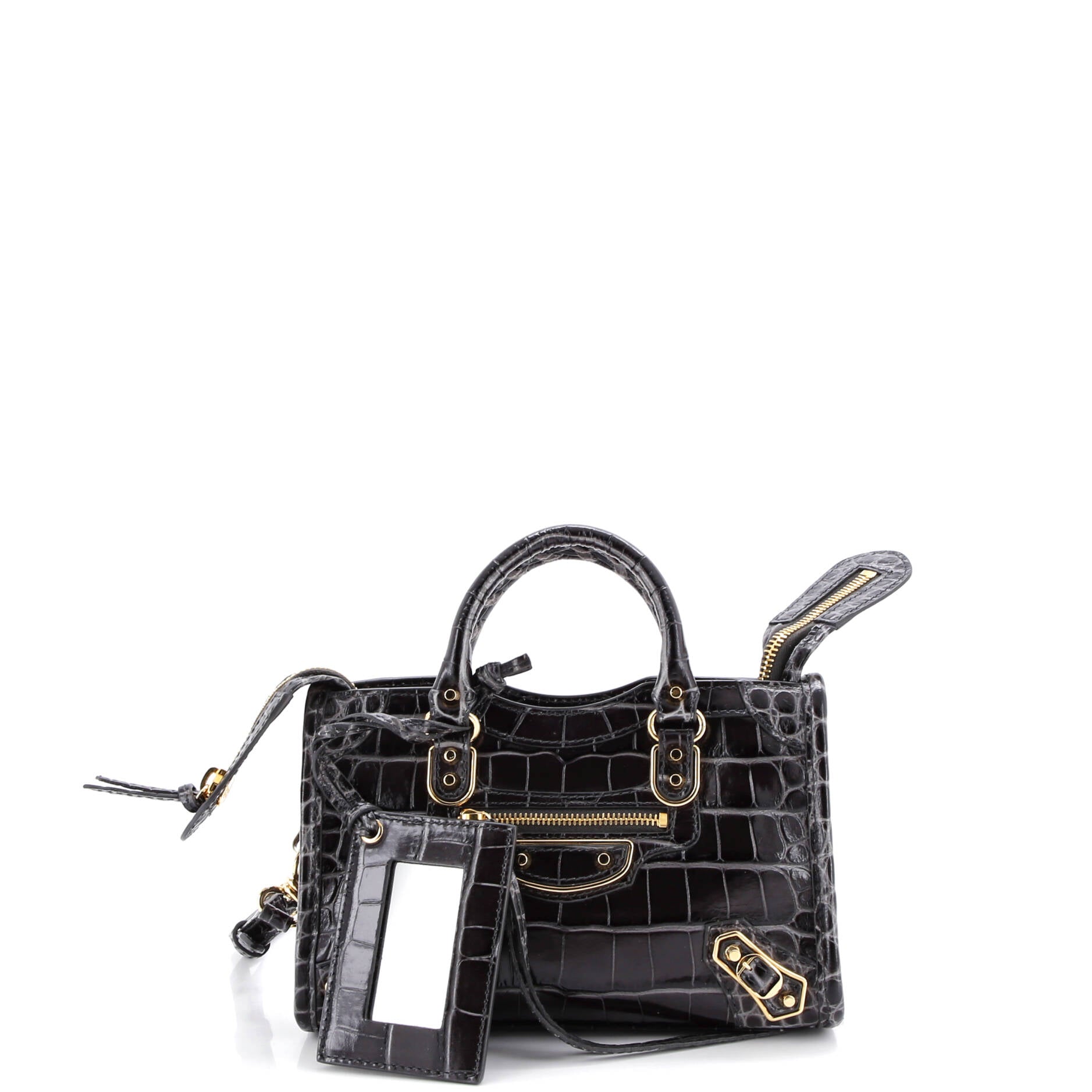 City Classic Metallic Edge Bag Crocodile Embossed Leather Mini