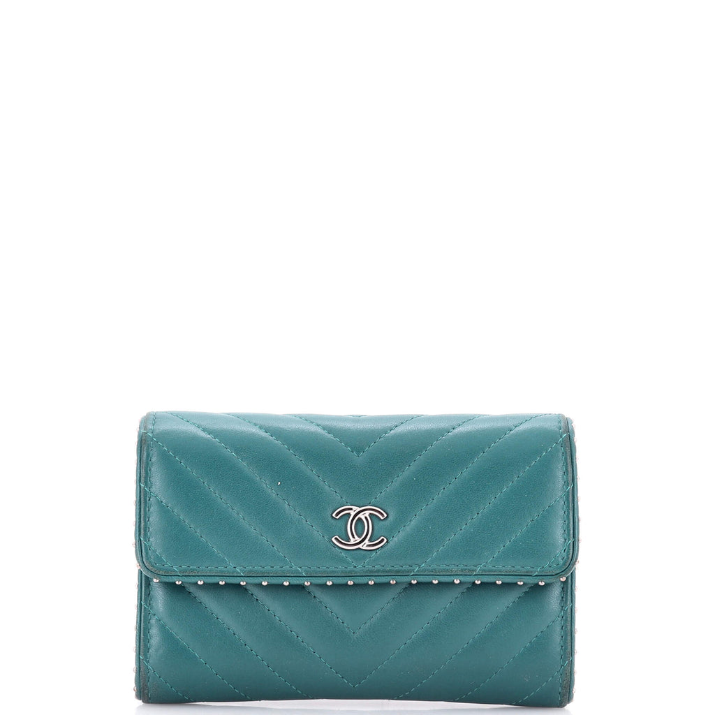 CC Gusset Flap Wallet Chevron Lambskin with Studded Detail Small