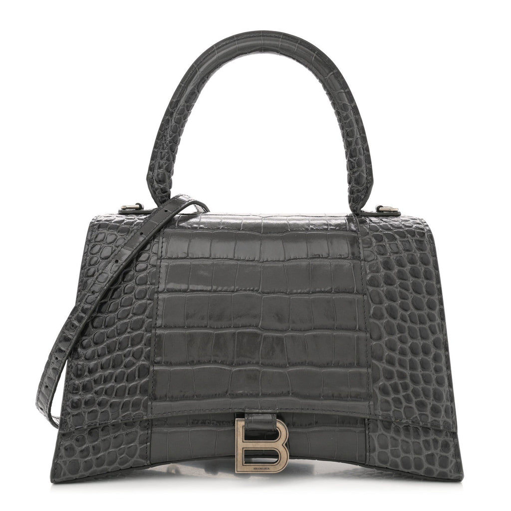 Shiny Calfskin Crocodile Embossed Medium Hourglass Top Handle Bag Dark Grey