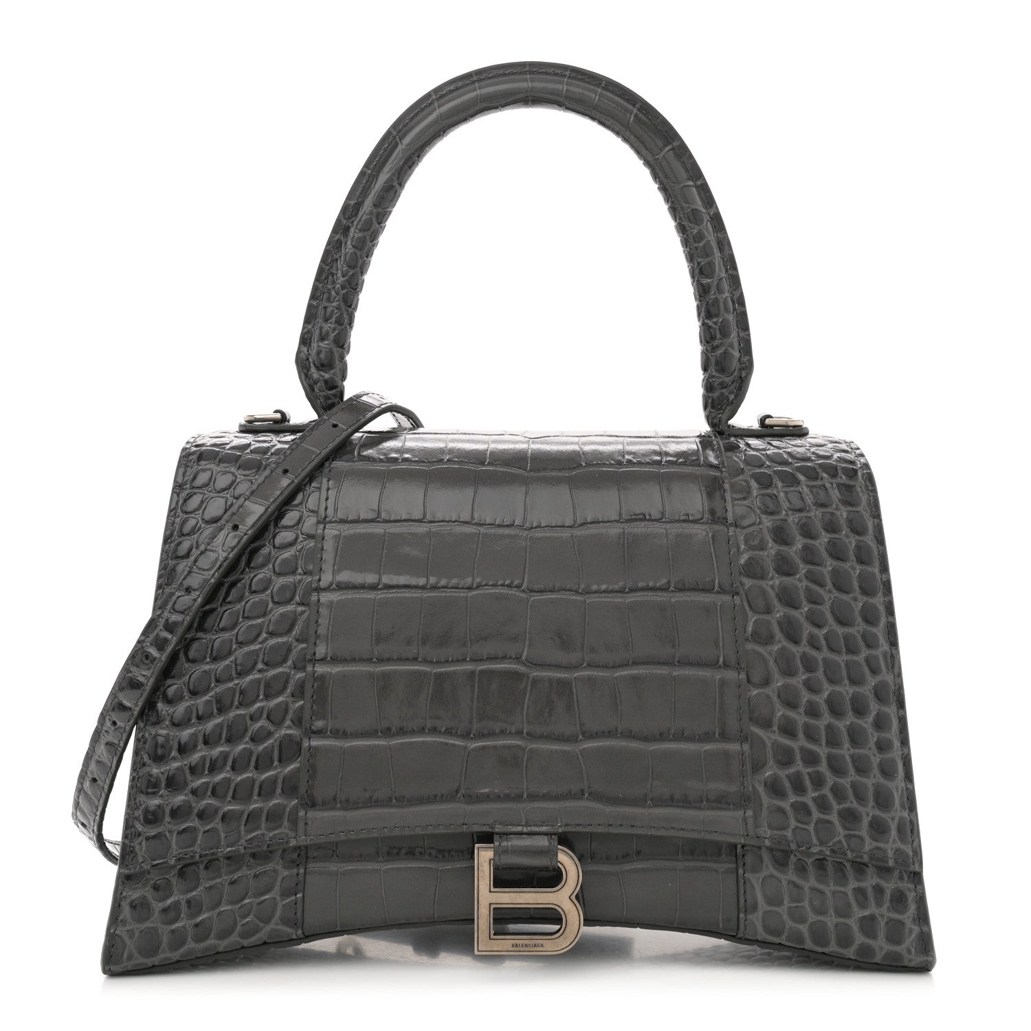 Shiny Calfskin Crocodile Embossed Medium Hourglass Top Handle Bag Dark Grey