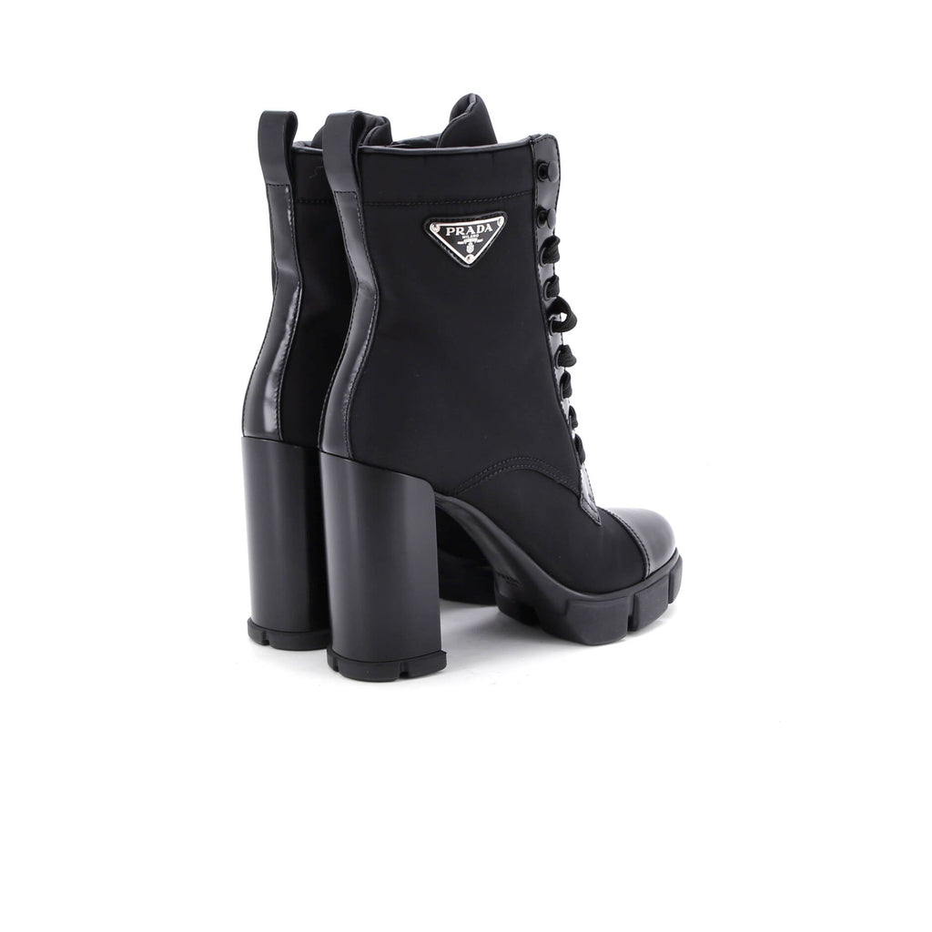 Women's Triangle Logo Heeled Ankle Boots Nylon and Leather