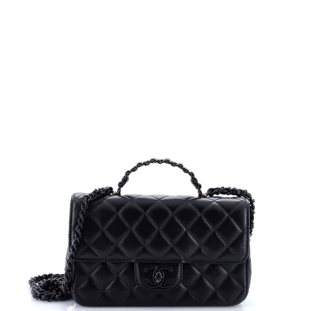 So Black Classic Single Flap Chain Top Handle Bag Quilted Lambskin Mini