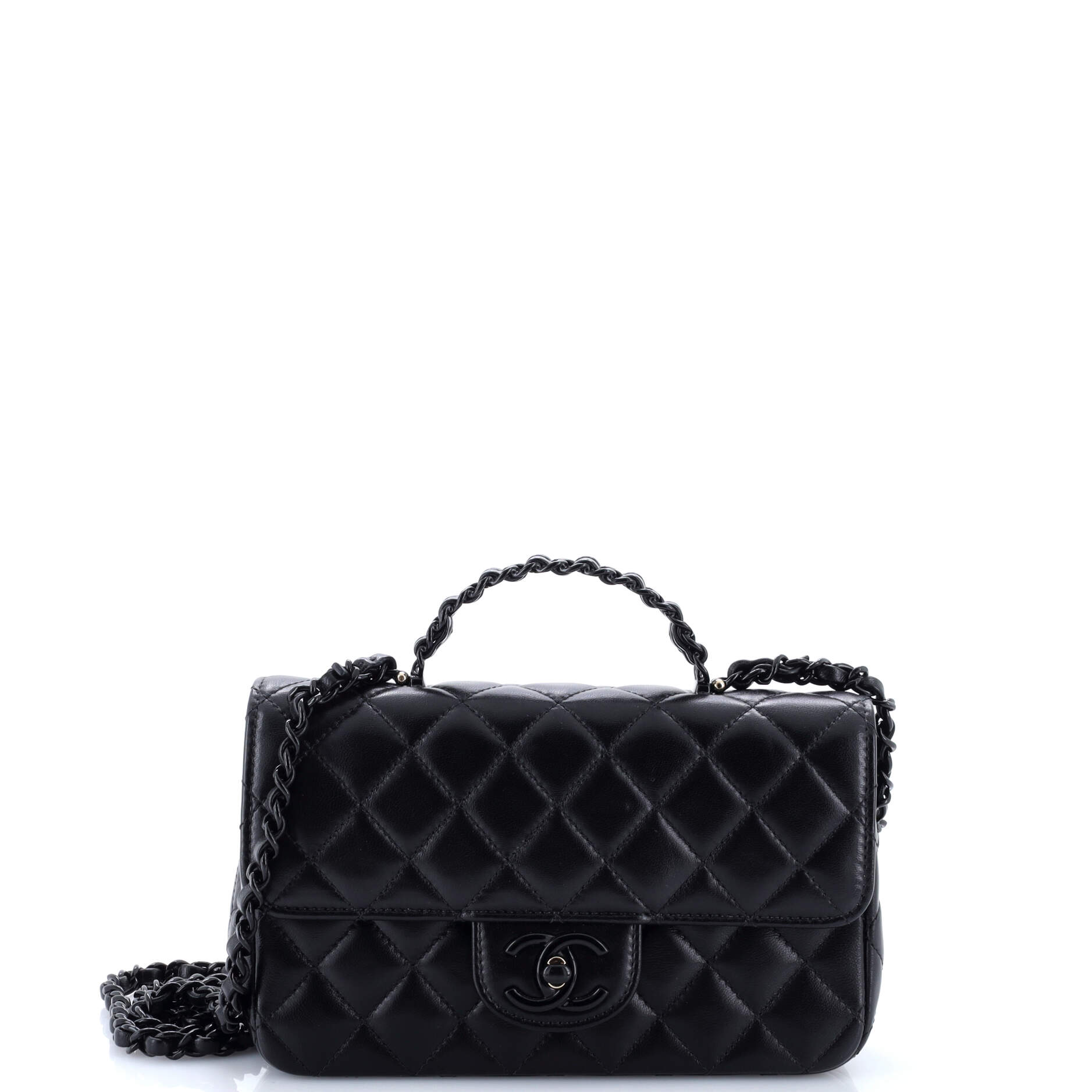 So Black Classic Single Flap Chain Top Handle Bag Quilted Lambskin Mini