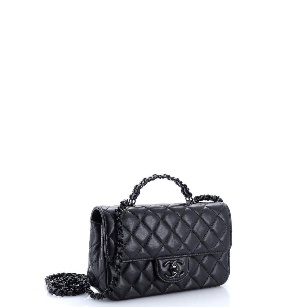 So Black Classic Single Flap Chain Top Handle Bag Quilted Lambskin Mini