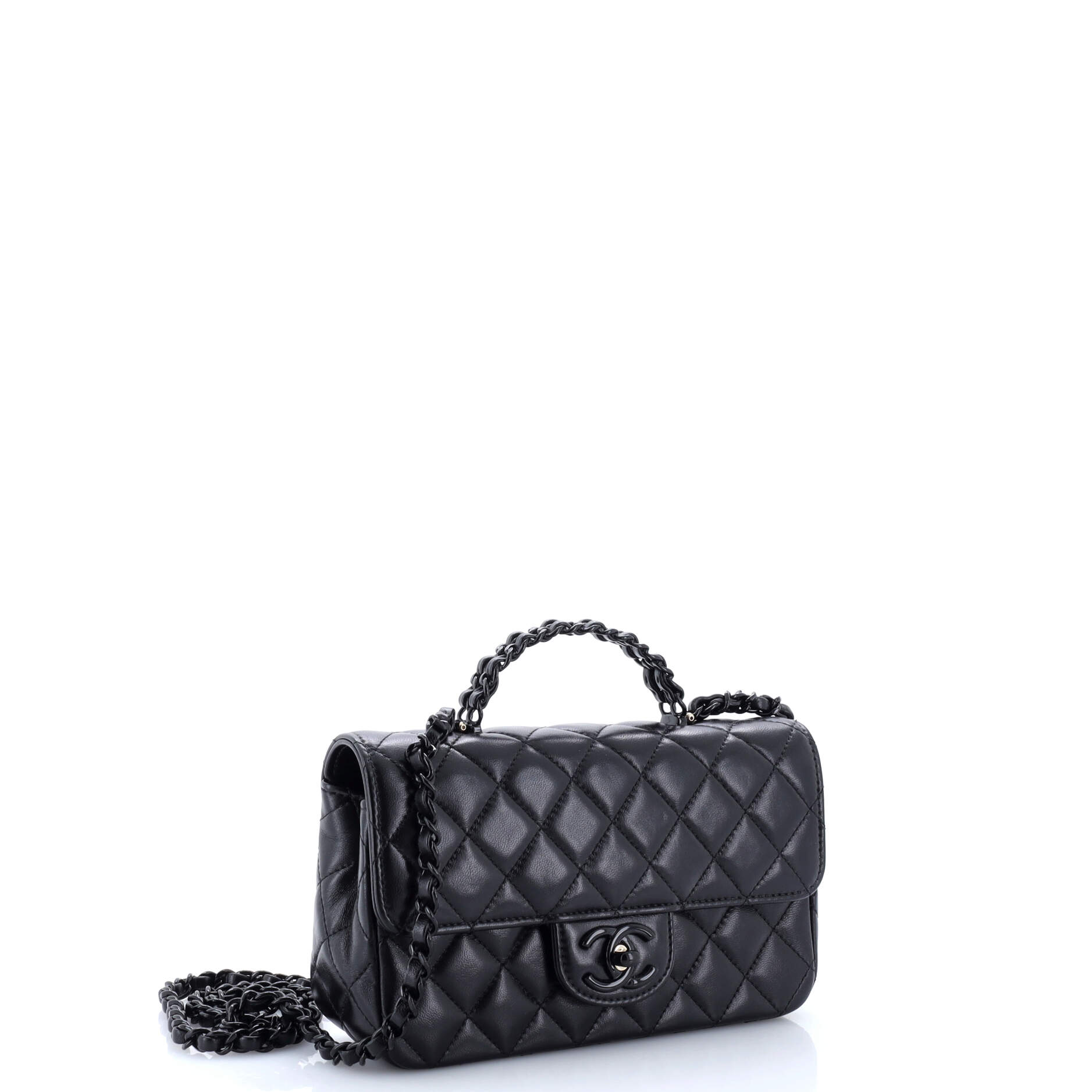 So Black Classic Single Flap Chain Top Handle Bag Quilted Lambskin Mini