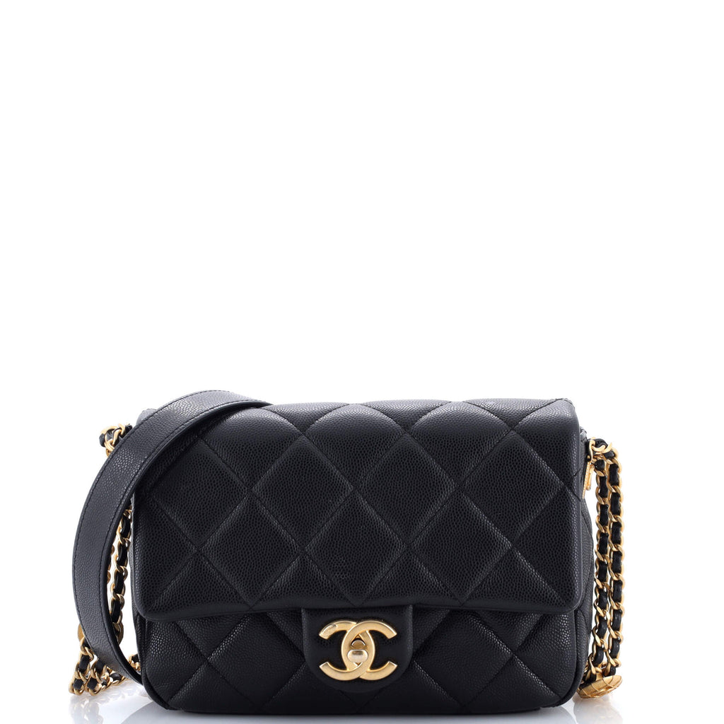 Twist Your Buttons Flap Bag Quilted Caviar Small