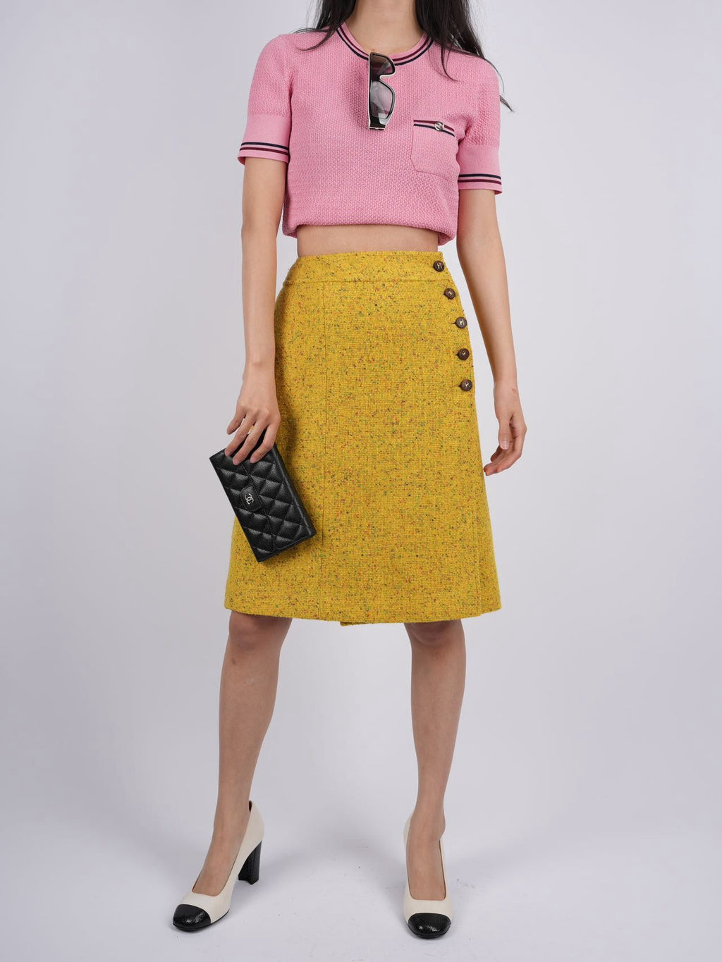 Chanel Tweed Yellow Midi-Skirt FR38